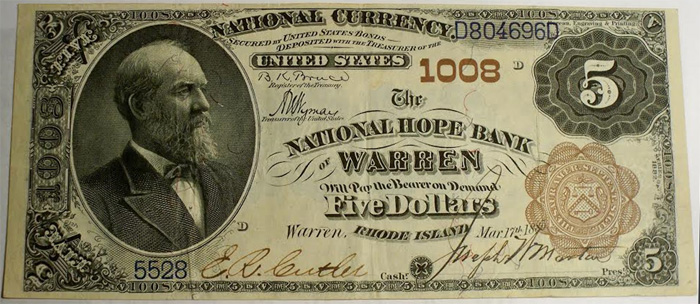 National Hope Bank of Warren National Currency dollar bill