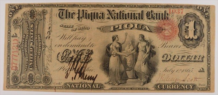 Citizens National Bank of Piqua National Currency dollar bill