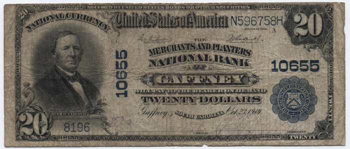 Merchants and Planters National Bank of Gaffney National Currency dollar bill