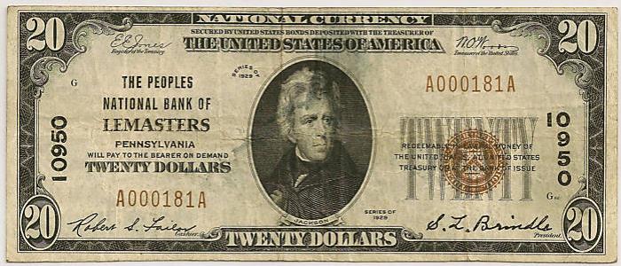 Peoples National Bank of Lemasters National Currency dollar bill