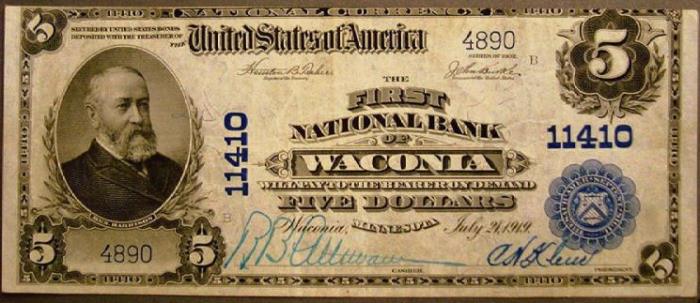 First National Bank, Waconia National Currency dollar bill