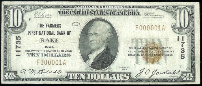 Farmers National Bank, Rake National Currency dollar bill