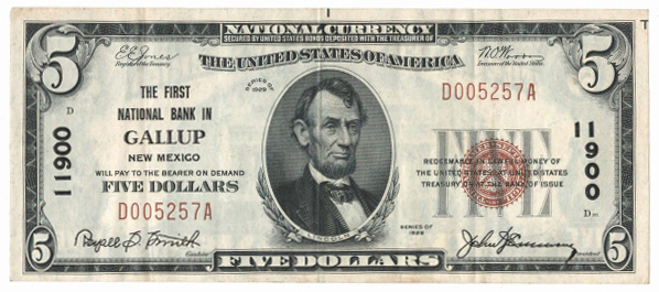 National Bank of Gallup National Currency dollar bill