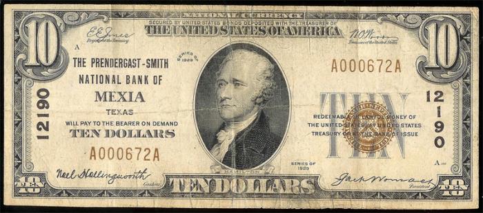 Prendergast-Smith National Bank of Mexia National Currency dollar bill