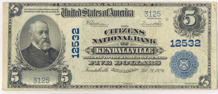 Citizens National Bank of Kendallville National Currency dollar bill
