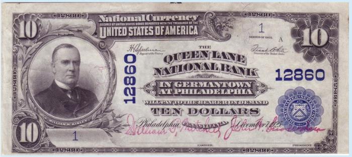 Queen Lane National Bank in Germantown at Philadelphia National Currency dollar bill