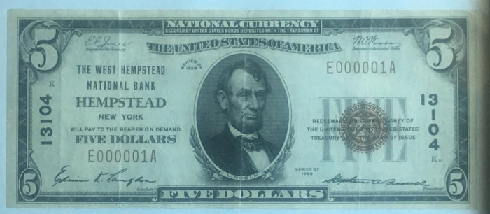 West Hempstead National Bank, Hempstead National Currency dollar bill
