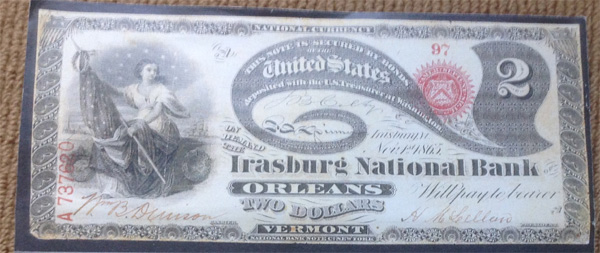 Irasburg National Bank of Orleans at Irasburg National Currency dollar bill
