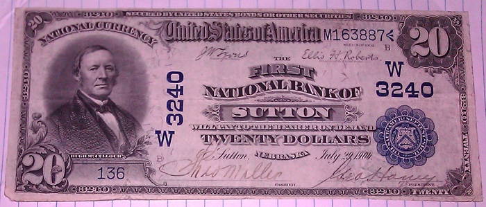 First National Bank, Sutton National Currency dollar bill