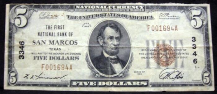 First National Bank of San Marcos National Currency dollar bill