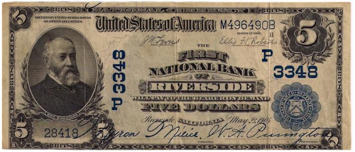 First National Bank of Riverside National Currency dollar bill