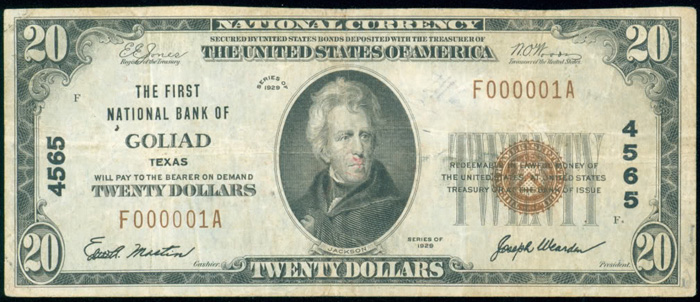 First National Bank of Goliad National Currency dollar bill