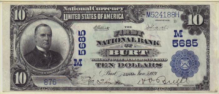 First National Bank, Burt National Currency dollar bill