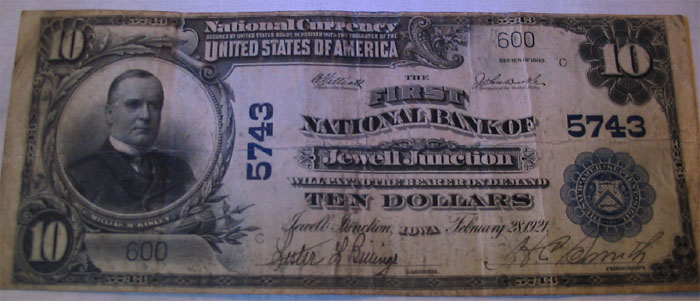 First National Bank of Jewell Junction, Jewell National Currency dollar bill