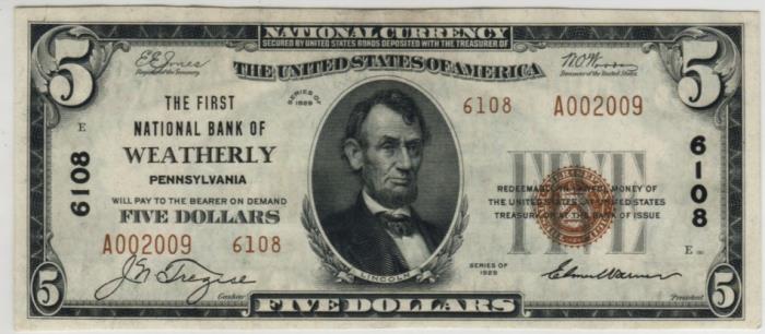 First National Bank of Weatherly National Currency dollar bill