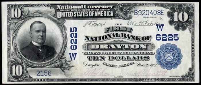 First National Bank, Drayton National Currency dollar bill