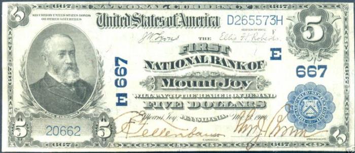 First National Bank of Mount Joy National Currency dollar bill