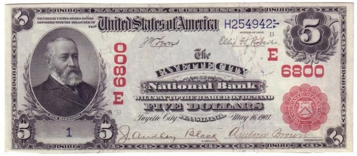 Fayette City National Bank, Fayette City National Currency dollar bill