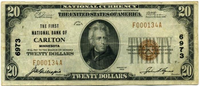 First National Bank of Carlton National Currency dollar bill