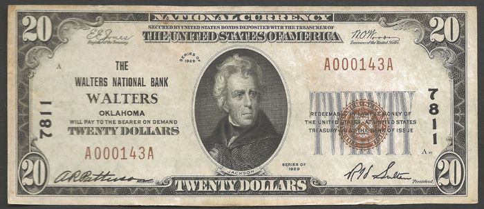 Walters National Bank, Walters National Currency dollar bill