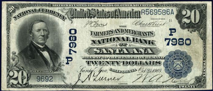 Farmers and Merchants National Bank of Santa Ana National Currency dollar bill