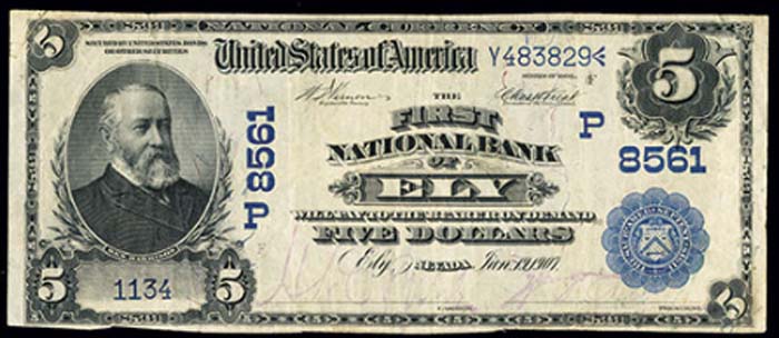 First National Bank of Ely National Currency dollar bill