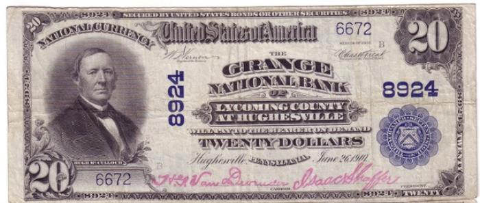Grange National Bank of Lycoming County, Hughesville National Currency dollar bill