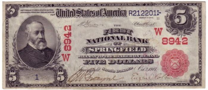 First National Bank of Springfield National Currency dollar bill
