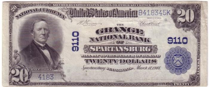Grange National Bank of Spartansburg National Currency dollar bill
