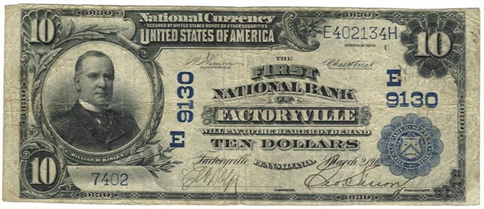 First National Bank of Factoryville National Currency dollar bill