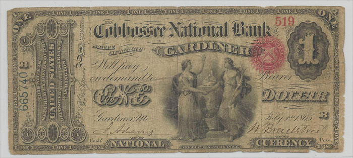 Cobbossoe National Bank of Gardiner National Currency dollar bill