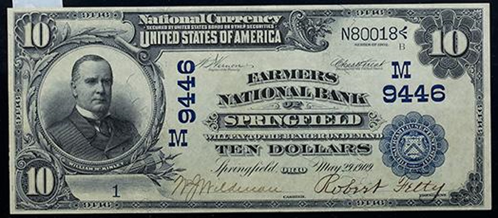 Farmers National Bank of Springfield National Currency dollar bill