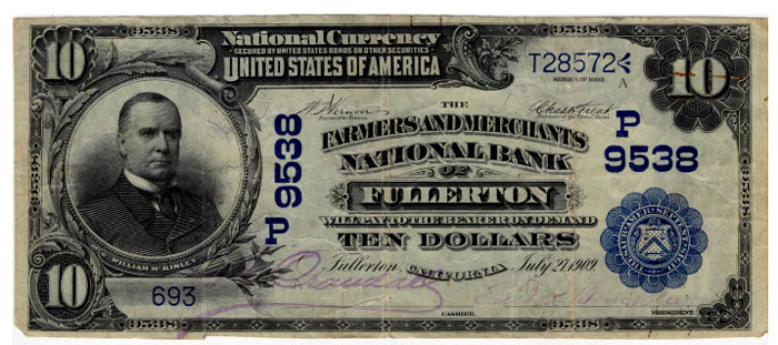 Farmers and Merchants National Bank of Fullerton National Currency dollar bill