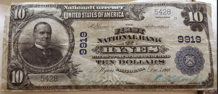 First National Bank of Hynes National Currency dollar bill