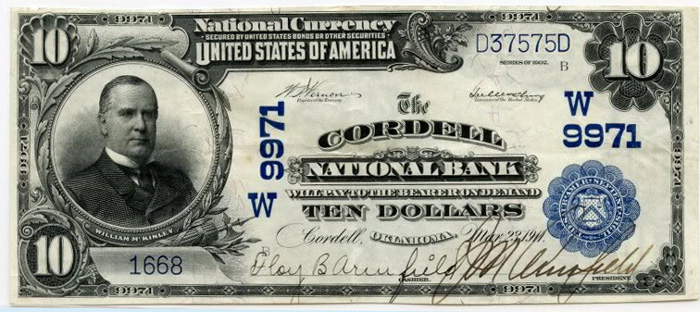 Cordell National Bank, Cordell National Currency dollar bill