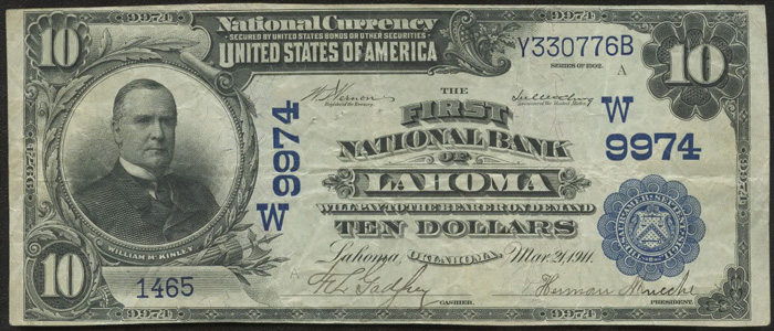 First National Bank of Lahoma National Currency dollar bill